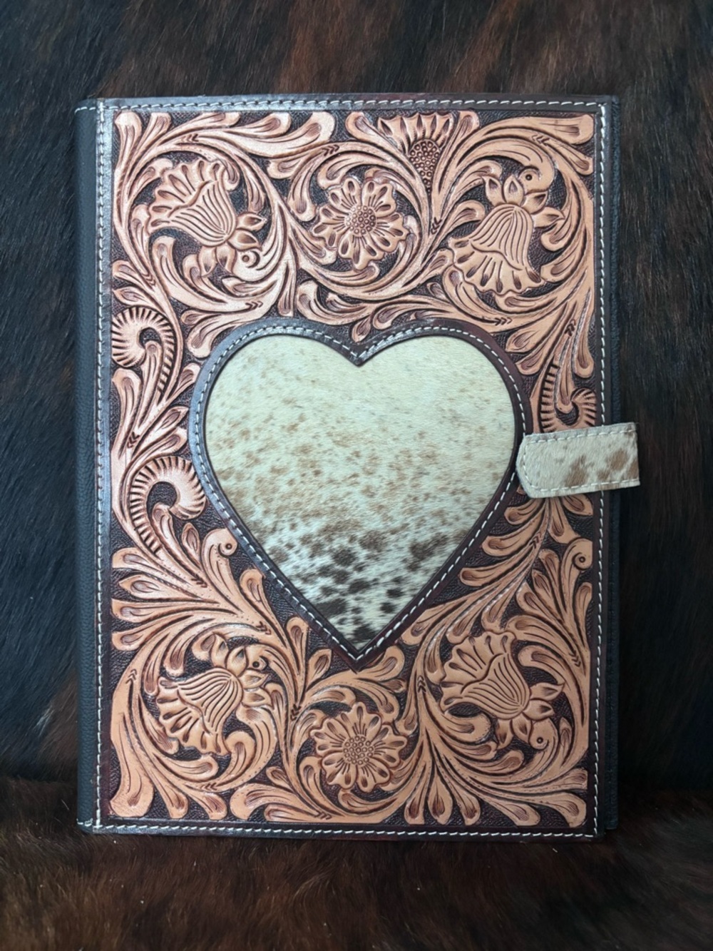 Hand-Tooled Floral Heart Leather Portfolio With Hair on Hide